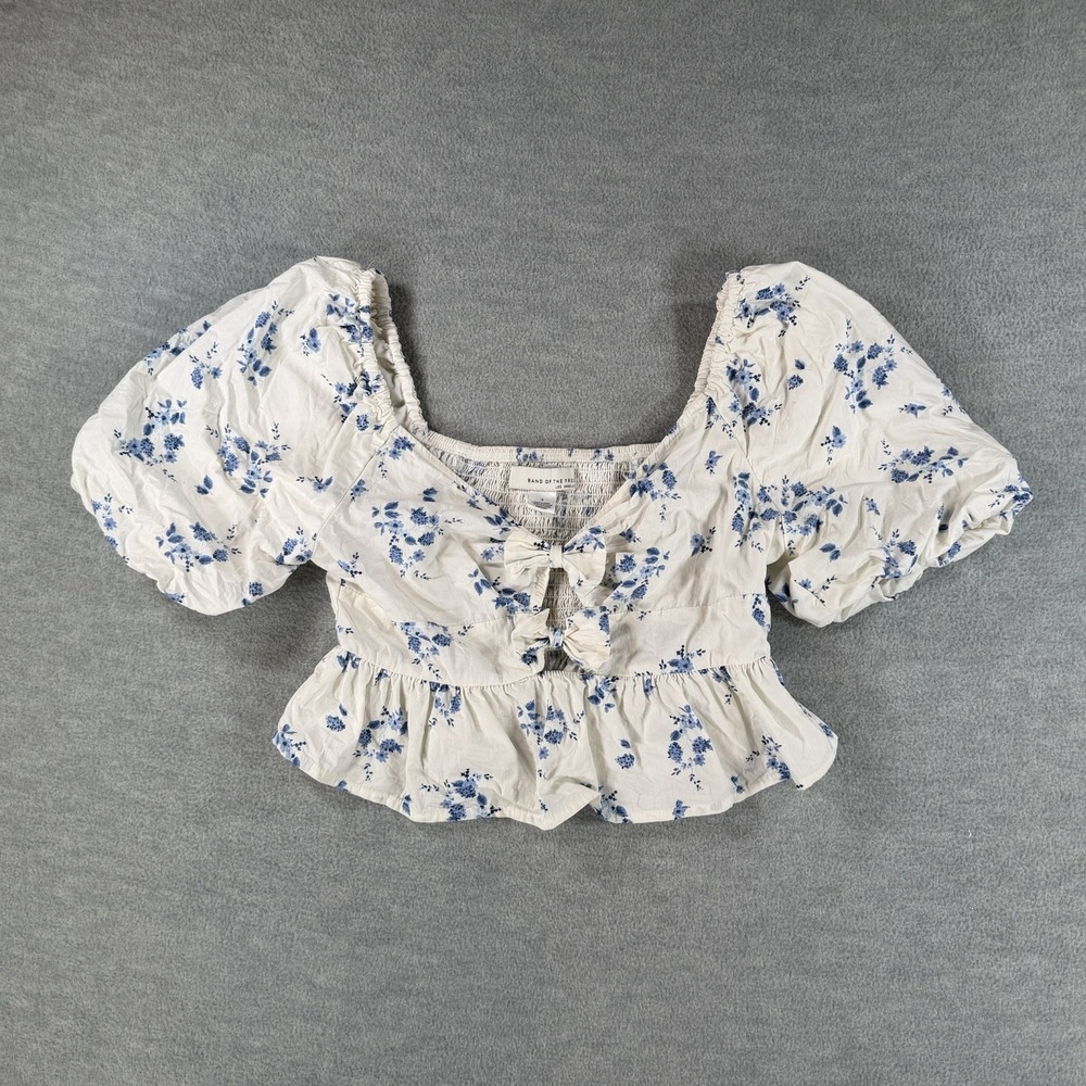 White Floral S Puffer Sleeve Crop Top Cottagecore Boho Romantic Bows Prairie